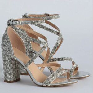 Windsor Feeling Like A Diva Silver Rhinestone Block Heels Size 8 1/2